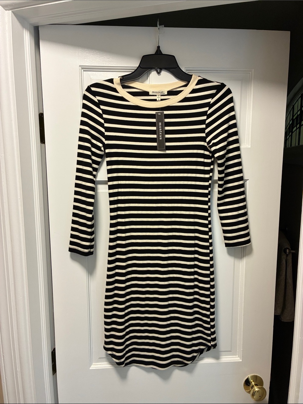 Monteau Black and White Striped Long Sleeve Knit Dress